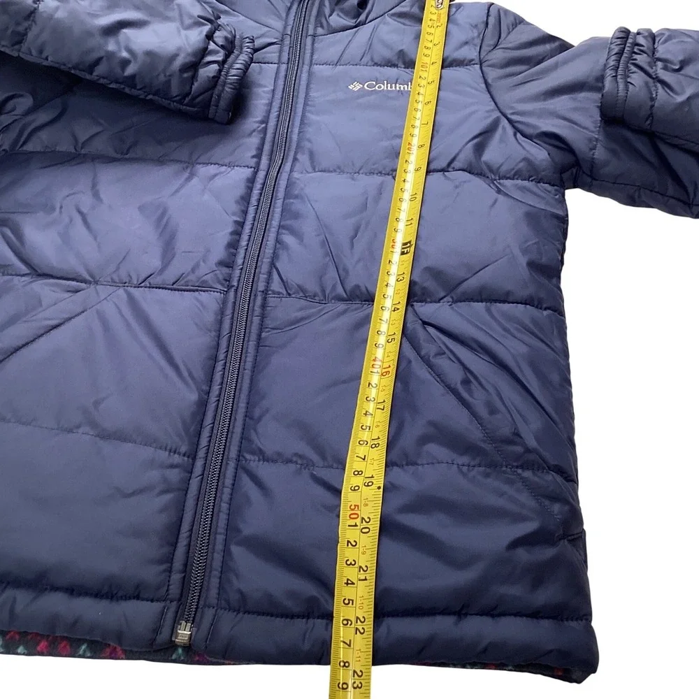 Columbia Girls‎ Reversible Hooded Jacket Navy Blue Fleece Print Size M 10/12